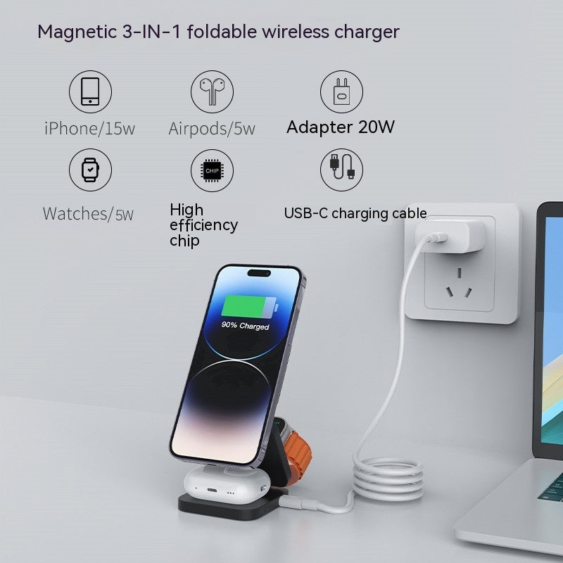 3-in-1 Versatile Magnetic Suction Travel Charger for iPhone, Apple Watch, and AirPods